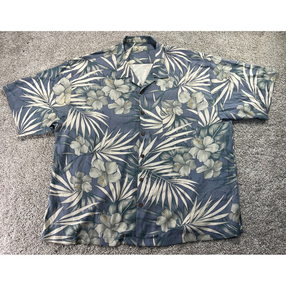 Vintage Tommy Bahama Mens XXL Blue 100% Silk Tropical Hibiscus Floral Camp Shirt